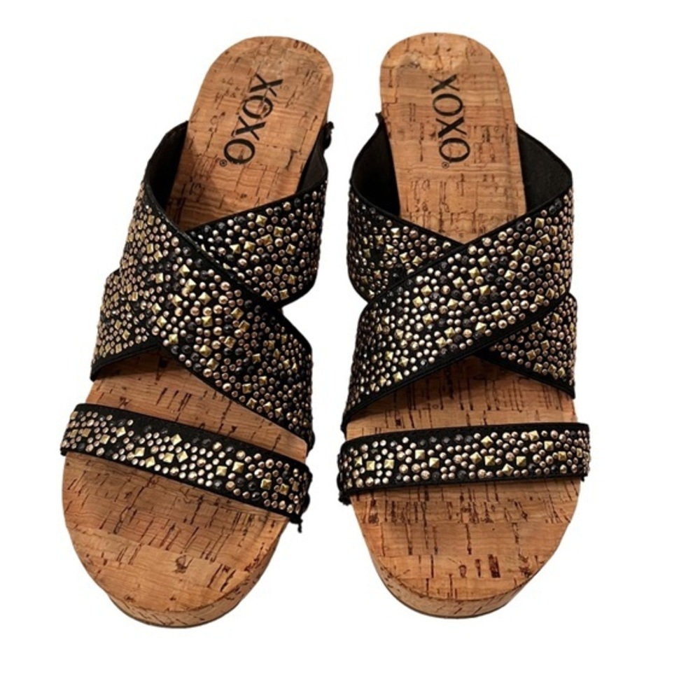 XOXO Women’s Cork Wedge Straps Black Multicolored Rhinestones size 6.5 HOST PICK